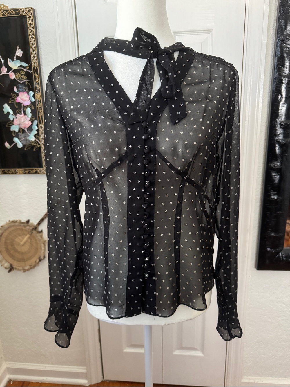 Liz Claiborne 100% Silk Sheer Polka Dot Tie Neck Blouse Size 4